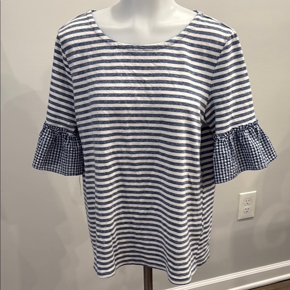 Copper Key Large Nautical Striped Blue and White Women's Lace Up Back Top - Picture 2 of 9